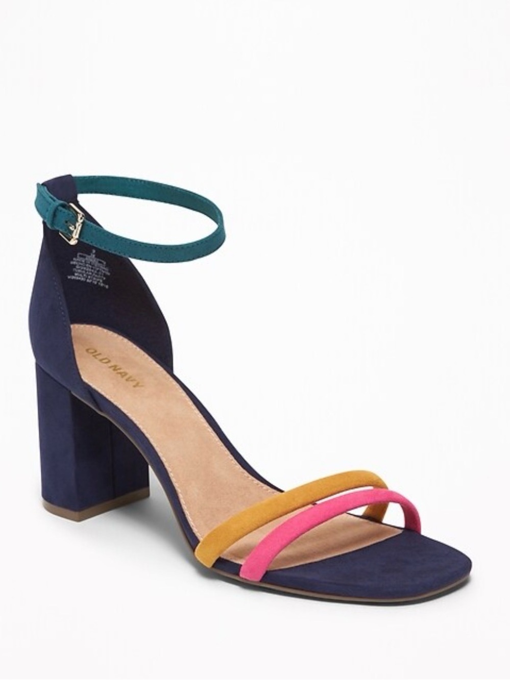 Old Navy Navy Block Heel Sandal with Pink and Mustard Straps size 6